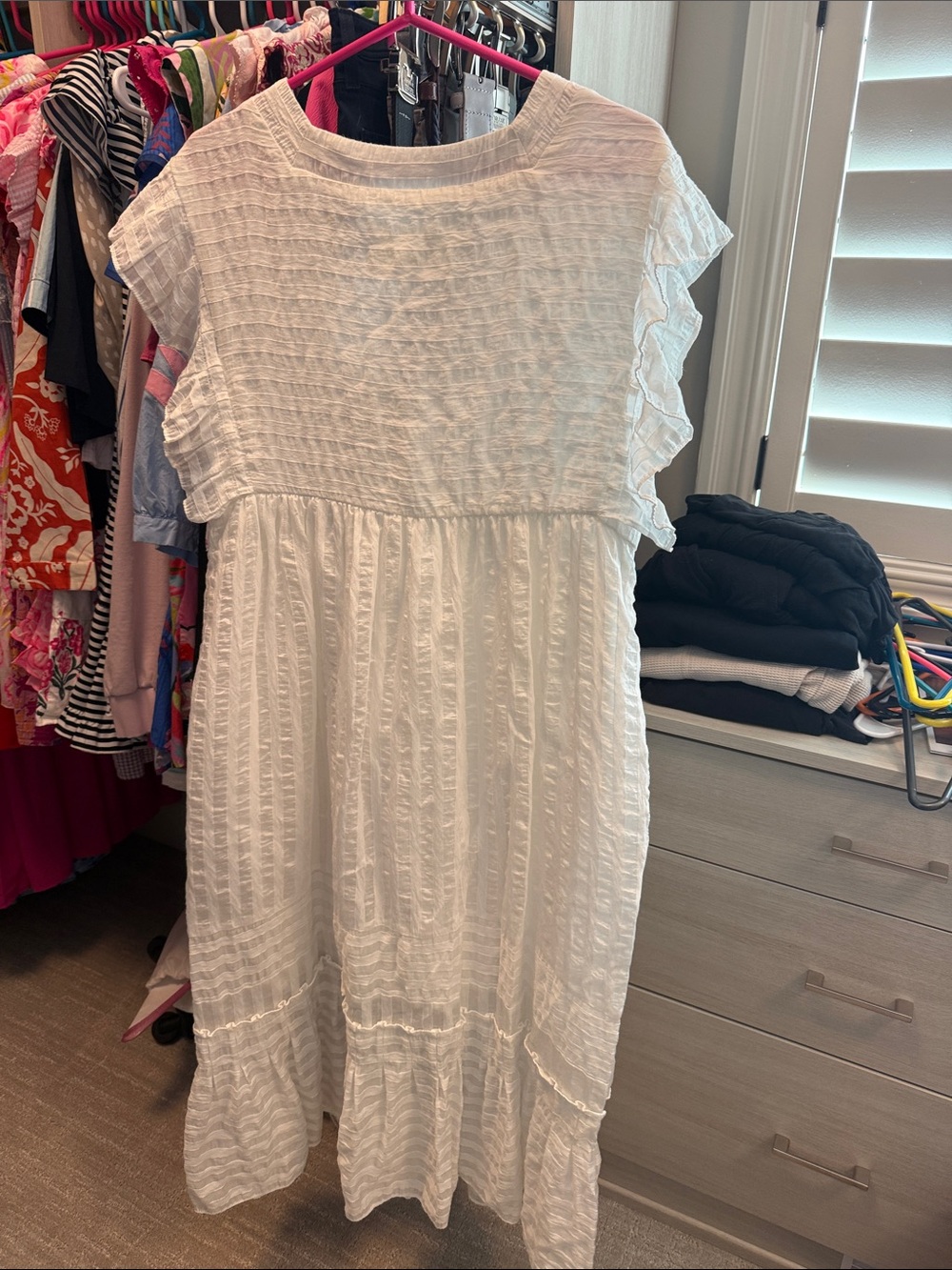 Anthropologie White Textured V-Neck Midi Dress with Ruffle Details - Picture 2 of 3